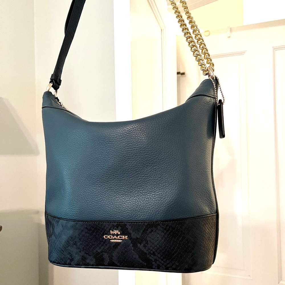 COACH Navy Handbag with Chain Strap and Snakeskin Detail